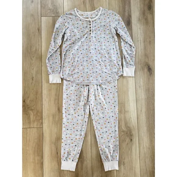 Cuddle Duds XS Gray Hearts Pajama Set Soft Ribbed Henley Joggers Pockets - Picture 1 of 16